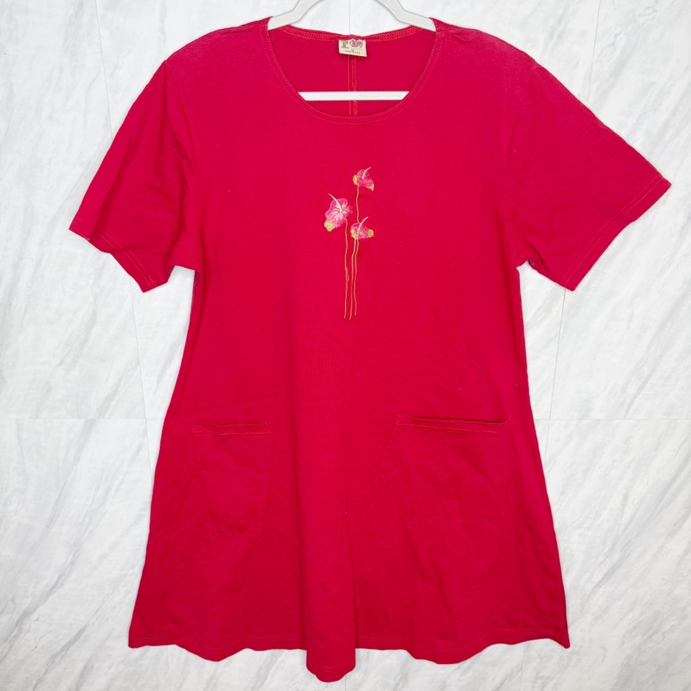 Cactus Anthurium Floral Embroidery Vibrant Red Short Sleeve Dress Medium